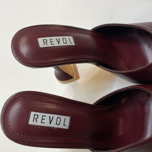 Revol Burgundy Square Toe Slip-On Heeled Mules Sculpted Heel Sandal Women’s Sz 7 - Picture 2 of 10